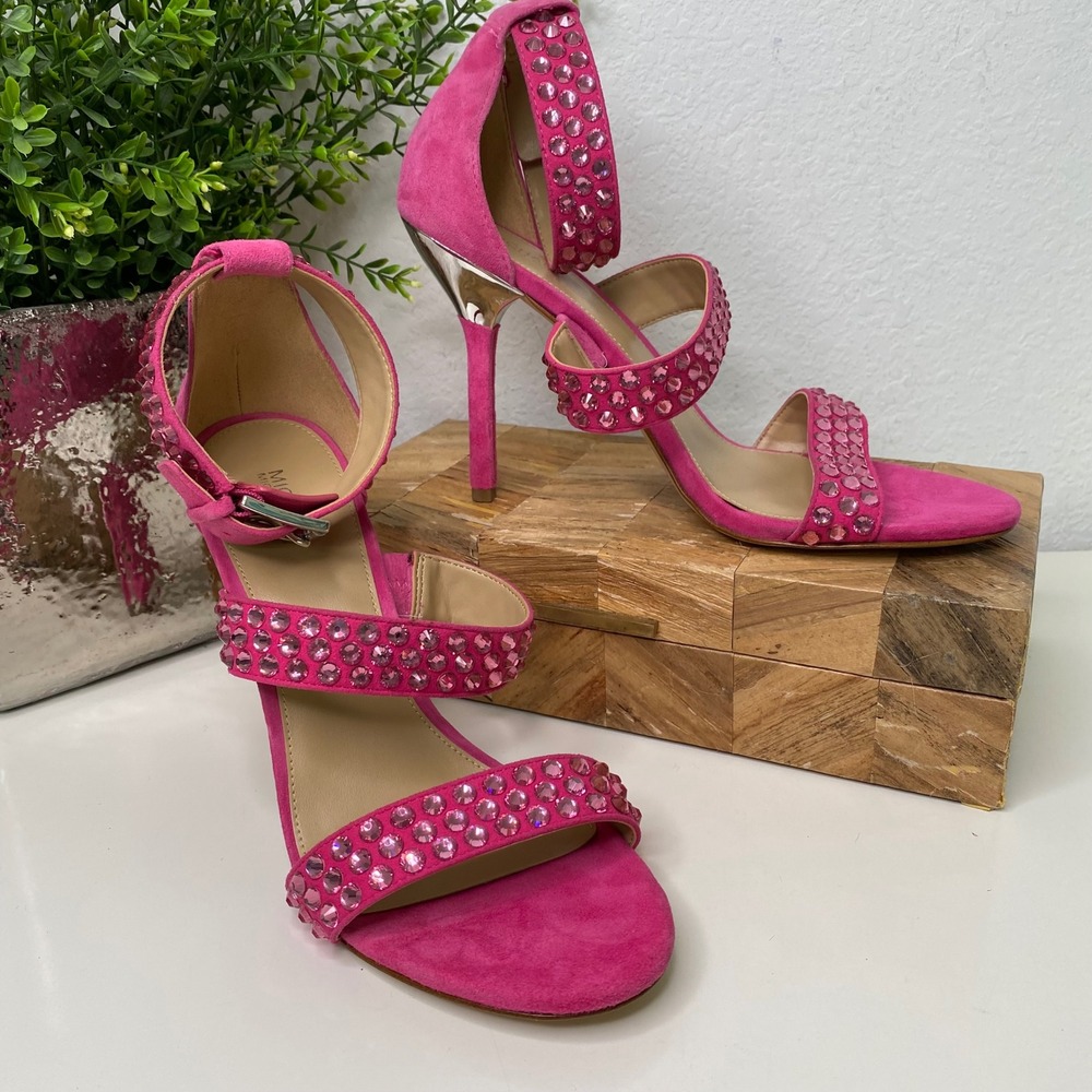 Michael Kors Amal Pink Suede Crystal Embellished Ankle Strap Heels‎ Size 10M